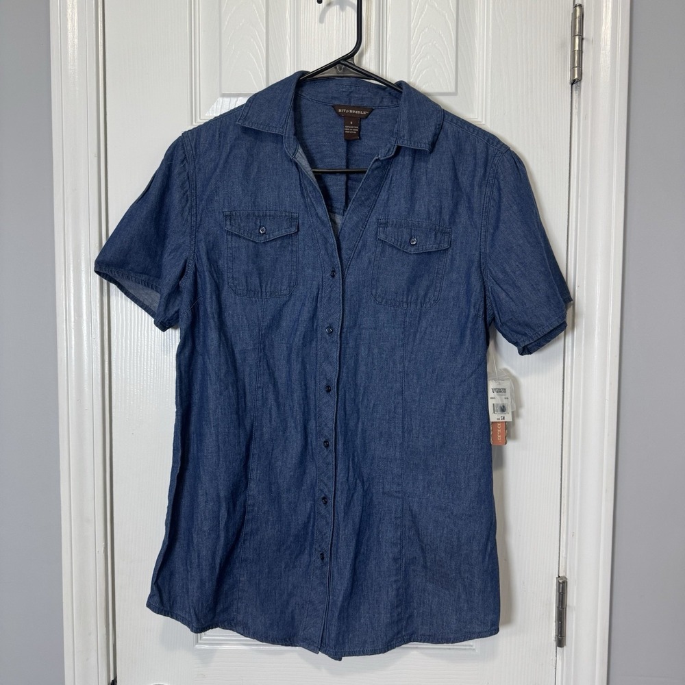 Bit & Bridle Womens Denim Button-Up Short Sleeve Shirt 100% Cotton Sz. Small NWT